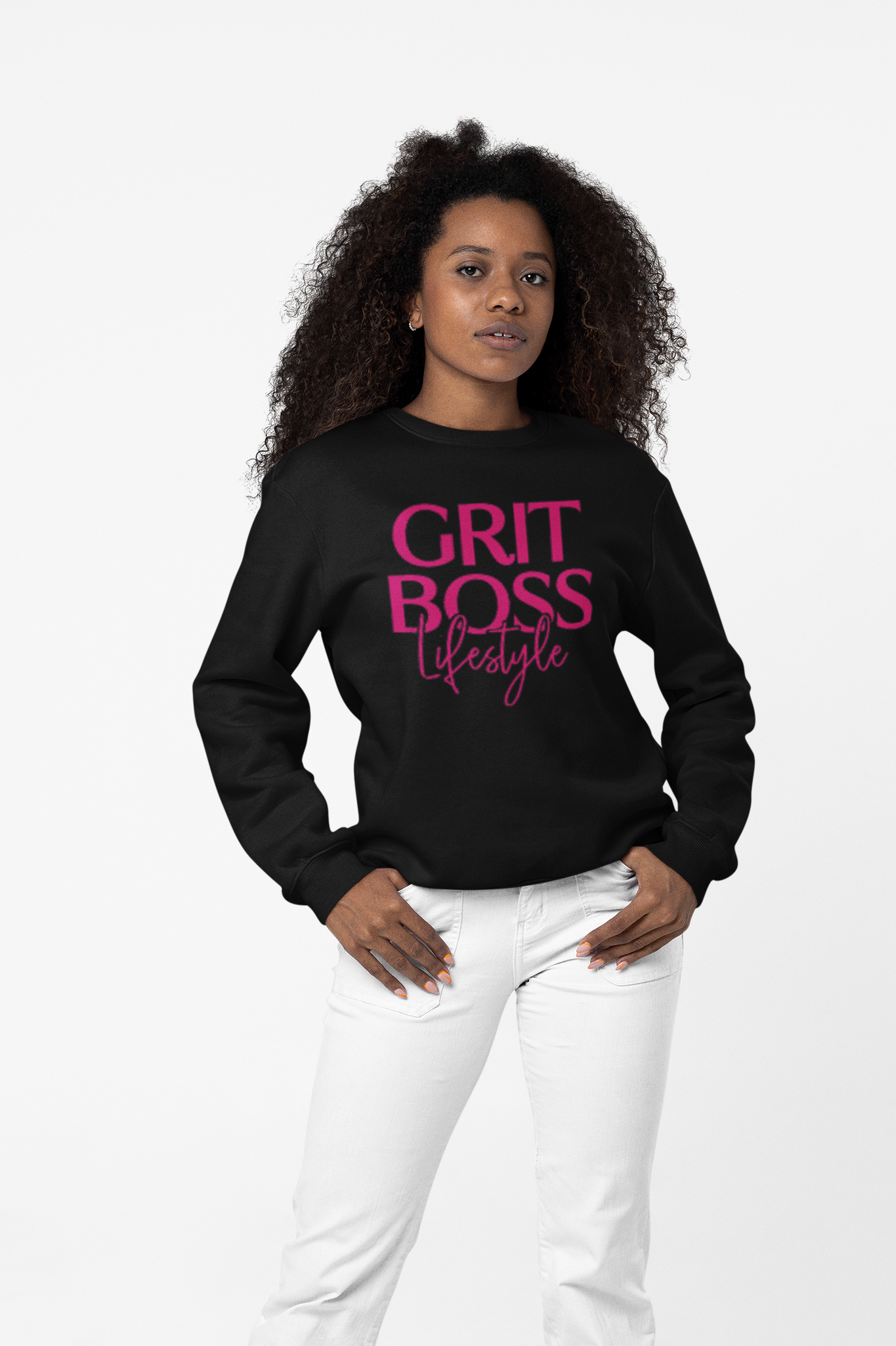 A black woman wearing a black crewneck sweatshirt